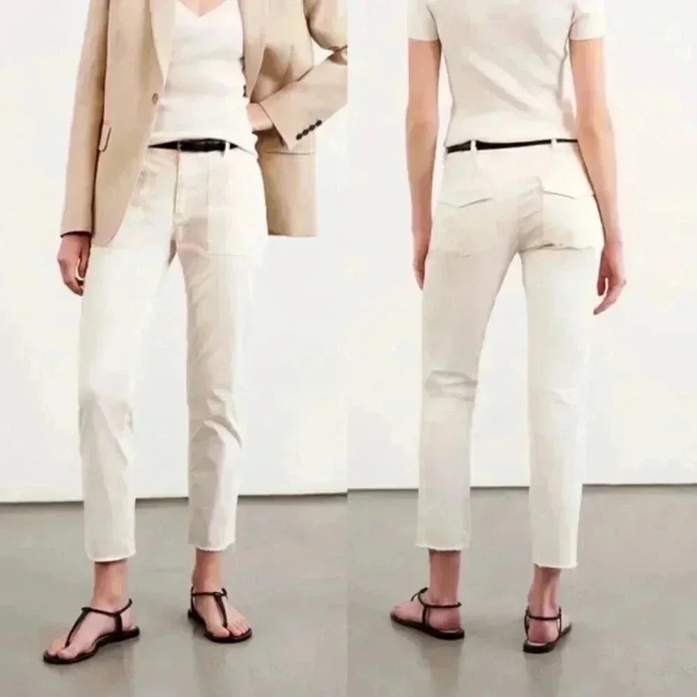 Nili Lotan Jenna Pant Eggshell White Cotton Crop Raw Hem Trouser Pants Size 10